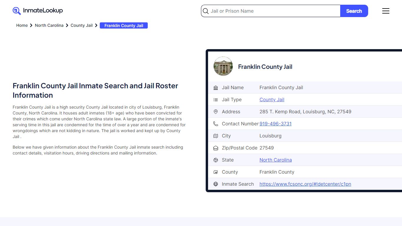 Franklin County Jail Inmate Search - Louisburg North Carolina - Inmate ...
